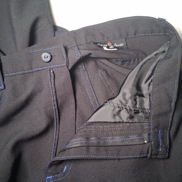 Johnny Suede Pants Men Size 30 Black Blue Stitching Flames Rockabilly Moto - Picture 12 of 15